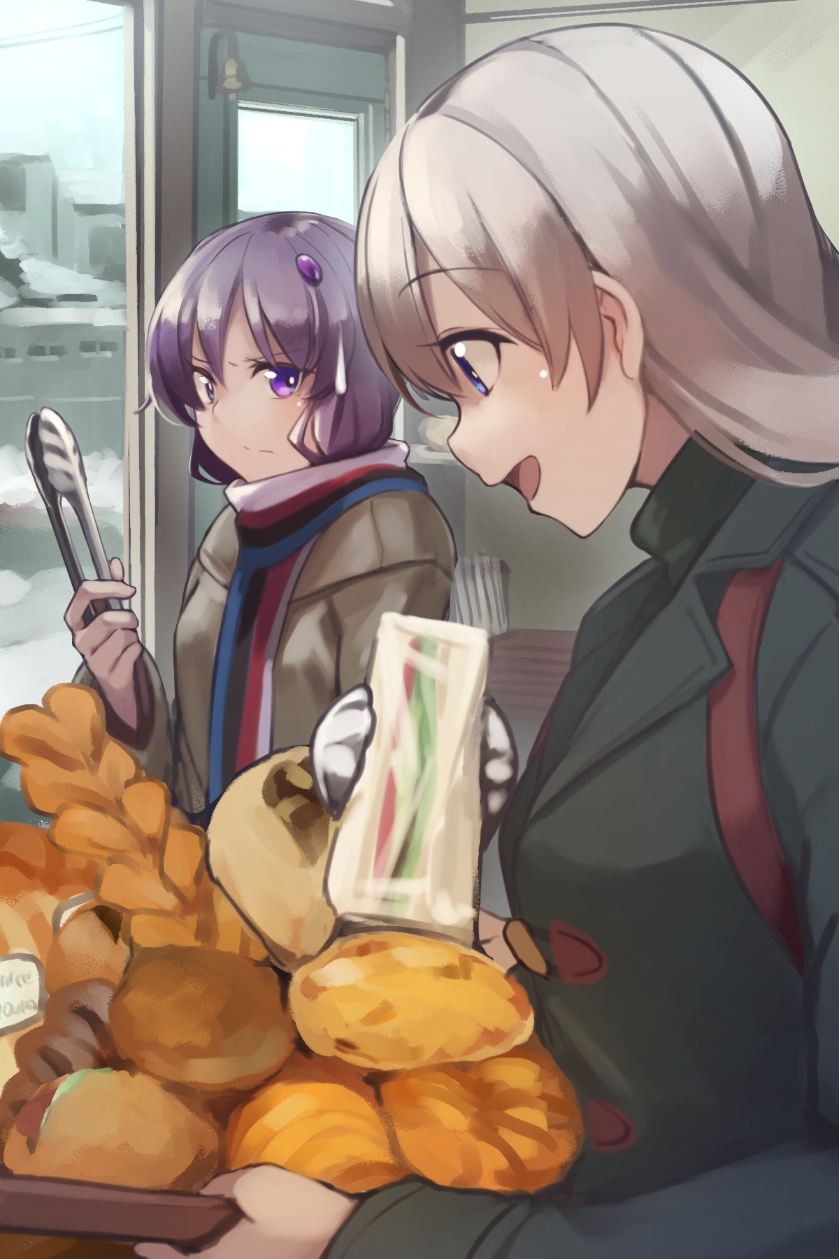 2girls basket bell black_coat blue_eyes bread coat commentary croissant door doorbell food frown grey_hair hair_ornament highres holding holding_basket indoors jacket kizuna_akari kuz long_hair looking_at_another multiple_girls open_mouth purple_hair sandwich scarf shop smile striped striped_scarf tongs v-shaped_eyebrows violet_eyes vocaloid voiceroid yuzuki_yukari