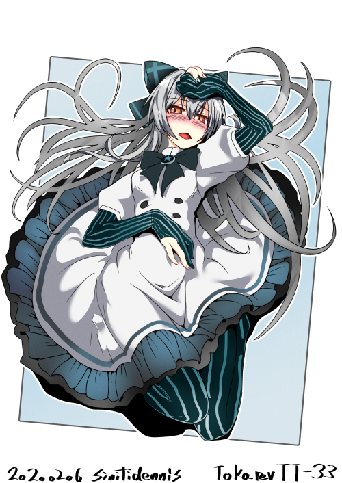 1girl arm_up artist_name black_bow black_legwear blue_background blue_stripes blush bow bowtie buttons character_name dated dress elbow_gloves fingernails frilled_dress frills girls_frontline gloves hair_bow hand_on_own_stomach hand_to_forehead knees long_hair lying on_back open_mouth pantyhose partly_fingerless_gloves red_eyes shin_ichi_(zenshuu_bougyo) silver_hair solo striped striped_bow striped_legwear tokarev_(girls_frontline) vertical-striped_gloves vertical-striped_legwear vertical_stripes very_long_hair white_background white_dress