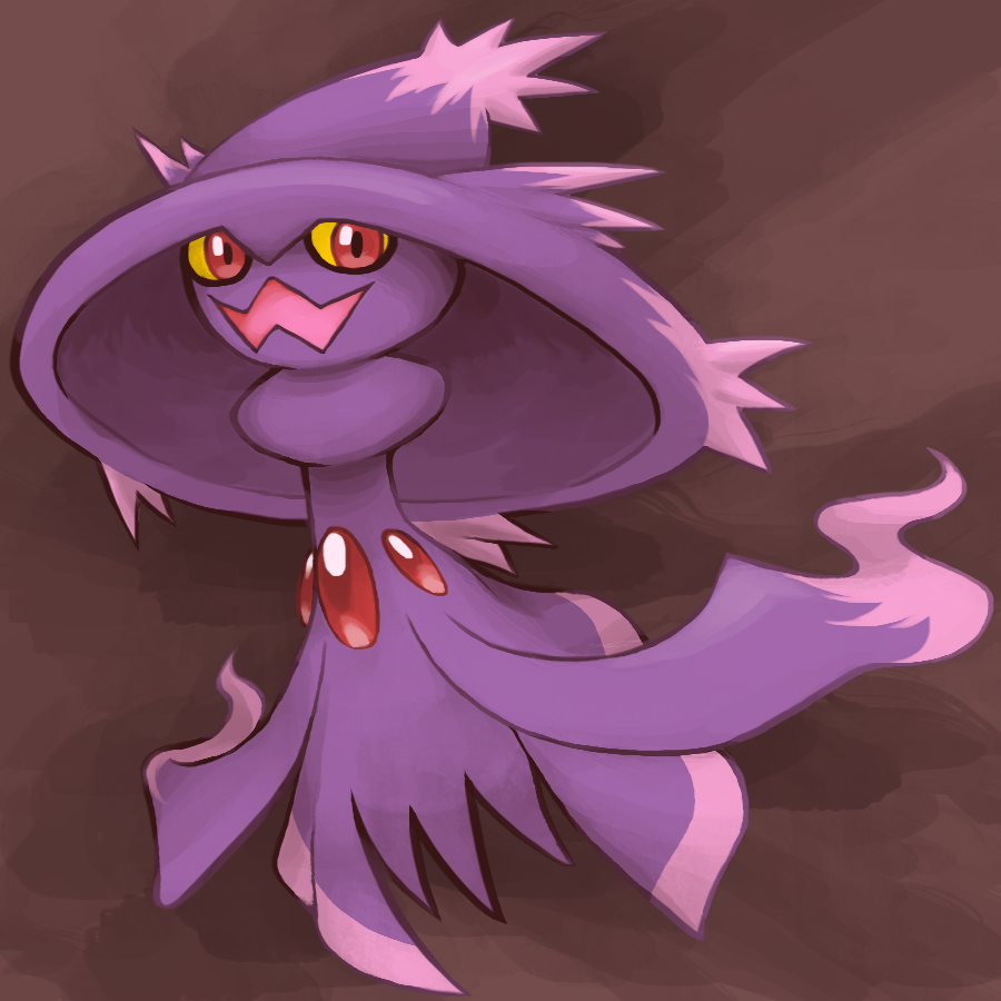 brown_background commentary creature english_commentary floating full_body gen_4_pokemon ghost looking_at_viewer mismagius no_humans open_mouth pokemon pokemon_(creature) red_eyes simple_background solo yellow_sclera zeefster