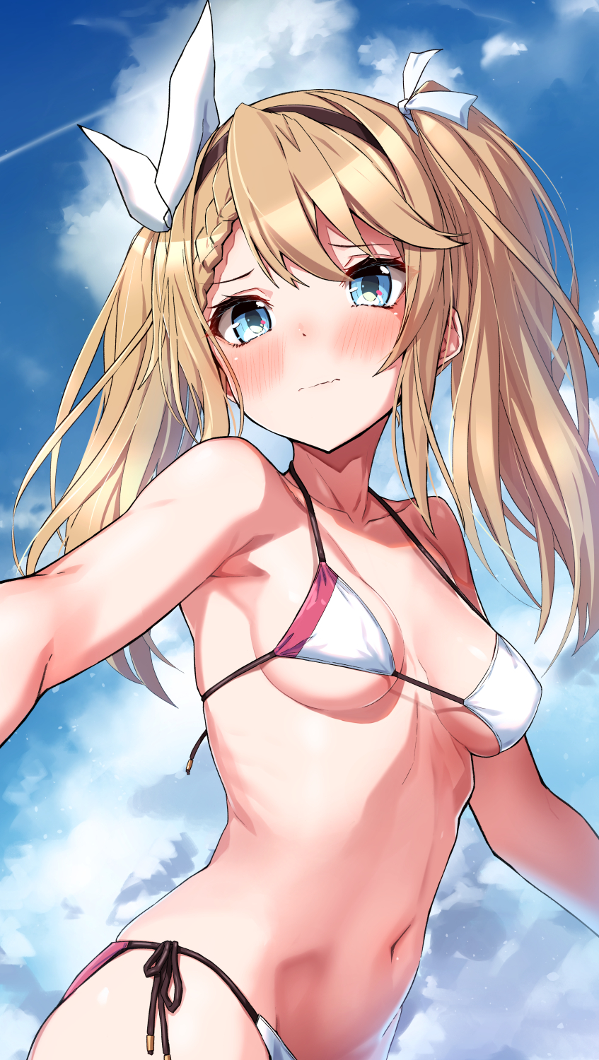 1girl armpits bare_shoulders bikini blue_eyes blush braid breasts brown_hair closed_mouth clouds collarbone commentary_request frown hair_ribbon hairband halter_top halterneck highres long_hair looking_at_viewer medium_breasts navel original ribbon self_shot side-tie_bikini sidelocks sky solo stomach string_bikini swimsuit takanashi_kei_(hitsujikan) twintails twintails_day upper_body wavy_mouth white_bikini