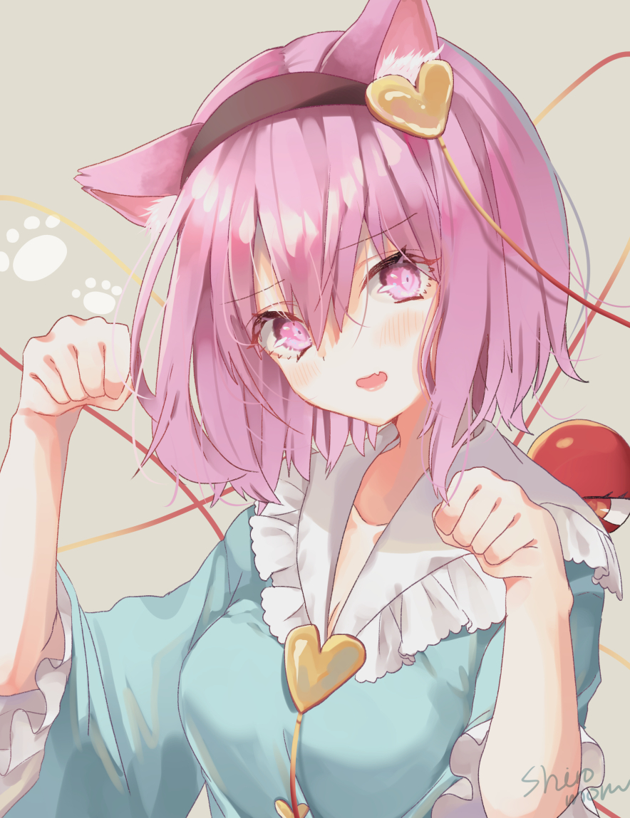 1girl animal_ear_fluff animal_ears artist_name bangs black_hairband blue_shirt blush breasts cat_day cat_ears commentary eyebrows_visible_through_hair fang frilled_shirt_collar frilled_sleeves frills grey_background hair_between_eyes hair_ornament hairband hands_up head_tilt heart heart_hair_ornament kemonomimi_mode komeiji_satori long_sleeves looking_at_viewer medium_breasts open_mouth paw_pose paw_print pink_eyes pink_hair shiromoru_(yozakura_rety) shirt short_hair signature simple_background solo third_eye touhou upper_body wide_sleeves