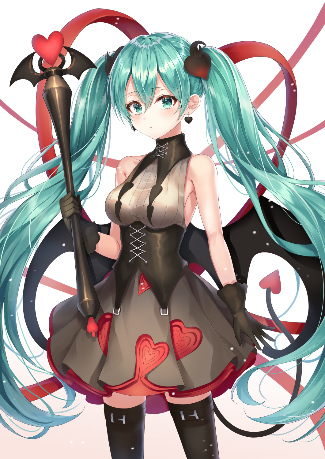 1girl aqua_hair black_gloves black_legwear corset cowboy_shot dani_(daniel) demon_tail demon_wings earrings forever_7th_capital gloves green_eyes green_hair hair_between_eyes hatsune_miku highres jewelry long_hair looking_at_viewer scepter skirt solo standing tail thigh-highs twintails very_long_hair vocaloid white_background wings