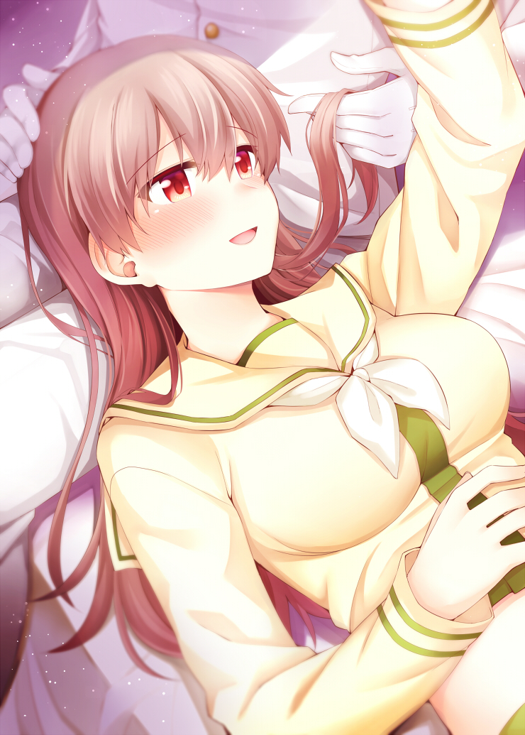 1boy 1girl :d admiral_(kantai_collection) arm_up bangs blush breasts brown_hair eyebrows_visible_through_hair gloves hair_between_eyes hand_on_another's_head hand_on_own_stomach holding holding_hair kantai_collection lap_pillow large_breasts light_particles long_hair long_sleeves looking_at_another lower_body lying midriff military military_uniform naval_uniform neckerchief ooi_(kantai_collection) open_mouth out_of_frame pants red_eyes remodel_(kantai_collection) rui_shi_(rayze_ray) sailor_collar school_uniform serafuku shirt sidelocks sitting smile solo_focus symbol_commentary uniform upper_body white_gloves white_neckwear white_pants white_shirt yellow_sailor_collar yellow_serafuku