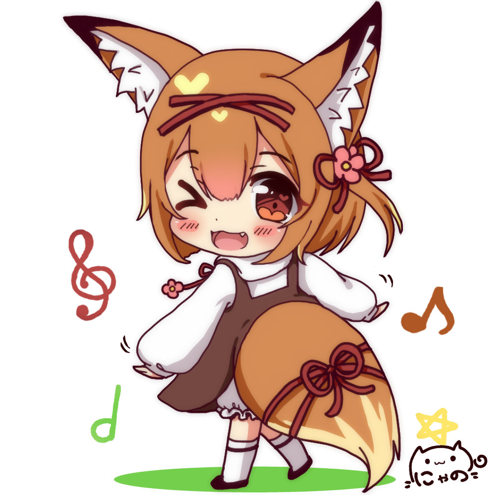 &gt;_o 1girl ;d animal_ear_fluff animal_ears bangs black_footwear blush_stickers brown_dress brown_eyes brown_hair character_request chibi colored_shadow commentary_request copyright_request dress eighth_note eyebrows_visible_through_hair fang flower fox_ears fox_girl fox_tail full_body hair_between_eyes hair_flower hair_ornament hairclip heart heart_in_eye kneehighs long_sleeves looking_at_viewer looking_to_the_side musical_note nyano21 one_eye_closed one_side_up open_mouth pink_flower puffy_long_sleeves puffy_sleeves quarter_note red_ribbon ribbon shadow shirt short_hair signature sleeveless sleeveless_dress sleeves_past_wrists smile solo standing standing_on_one_leg star symbol_in_eye tail tail_ribbon treble_clef white_background white_legwear white_shirt x_hair_ornament