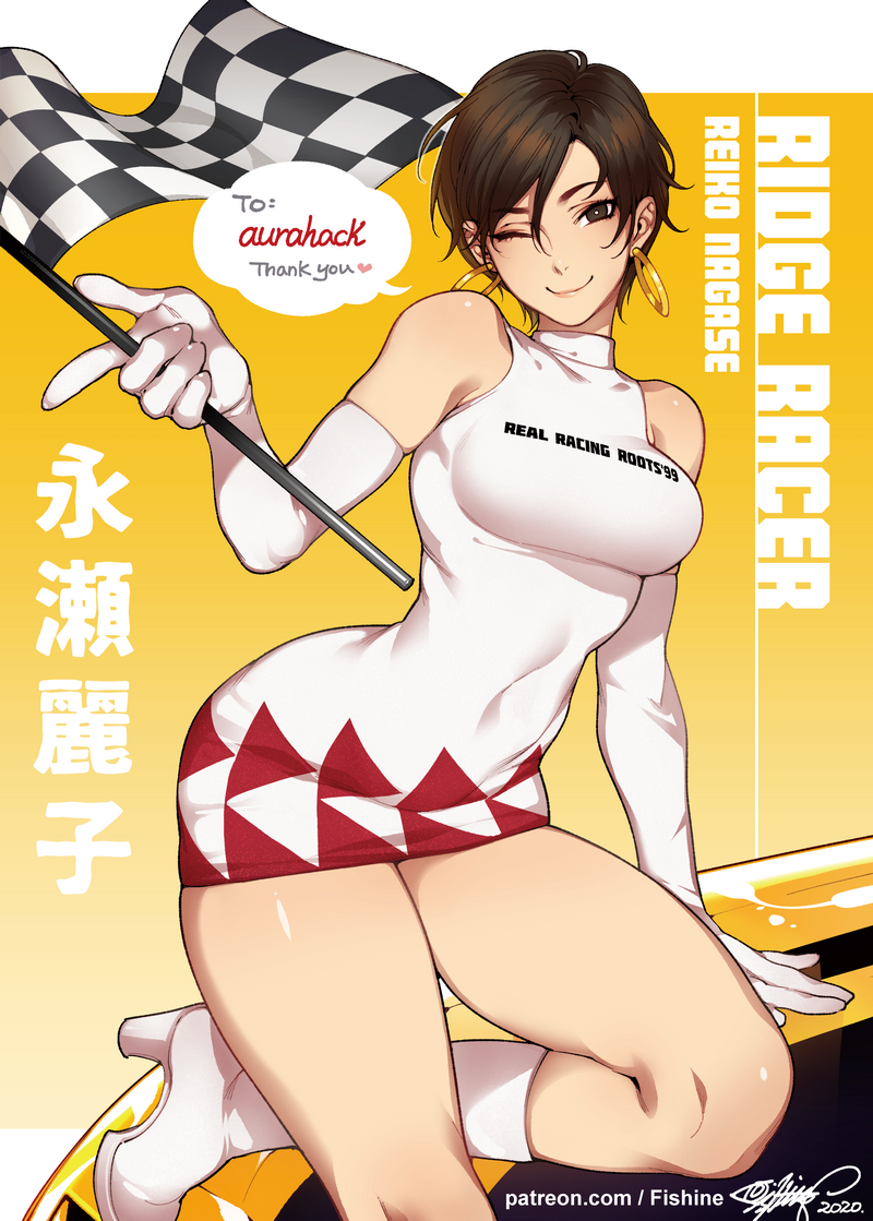 1girl 2020 bare_shoulders boots breasts brown_eyes brown_hair car character_name checkered checkered_flag commentary copyright_name covered_navel dated earrings elbow_gloves english_text fishine flag gloves ground_vehicle hoop_earrings jewelry knee_boots looking_at_viewer medium_breasts motor_vehicle nagase_reiko namco one_eye_closed patreon_username r4:_ridge_racer_type_4 racequeen ridge_racer short_hair signature solo thank_you thick_thighs thighs translated watermark web_address white_gloves white_legwear yellow_background