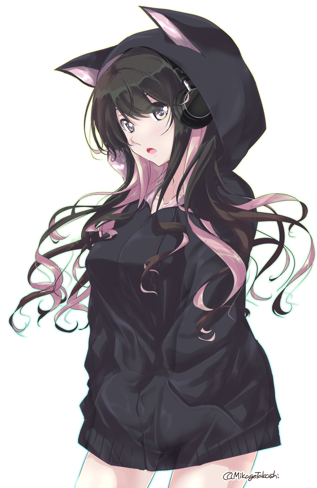 1girl :o alternate_costume animal_hood bangs bare_thighs black_hair black_hoodie blush breasts cat_day cat_hood collarbone commentary_request cowboy_shot drawstring eyebrows_visible_through_hair fang hands_in_pockets headphones hood hood_up hoodie hoodie_dress kantai_collection large_breasts long_hair long_sleeves looking_at_viewer mikage_takashi multicolored_hair naganami_(kantai_collection) outline pink_hair sidelocks simple_background solo twitter_username two-tone_hair violet_eyes wavy_hair white_background