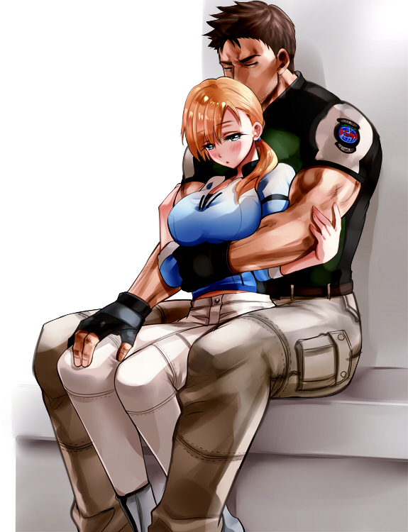 1boy 1girl blonde_hair blush breasts chris_redfield commentary_request fingerless_gloves gloves hug hug_from_behind jewelry jill_valentine large_breasts long_hair looking_at_viewer muscle nagare ponytail resident_evil resident_evil_5
