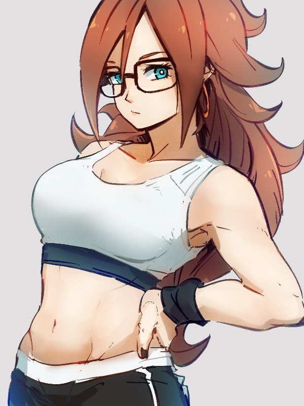 1girl alternate_costume android_21 black-framed_eyewear black_nails blue_eyes breasts closed_mouth collarbone dragon_ball dragon_ball_fighterz earrings glasses grey_background hand_on_hip hoop_earrings jewelry kemachiku long_hair medium_breasts midriff nail_polish navel pants redhead simple_background solo sports_bra sportswear track_pants