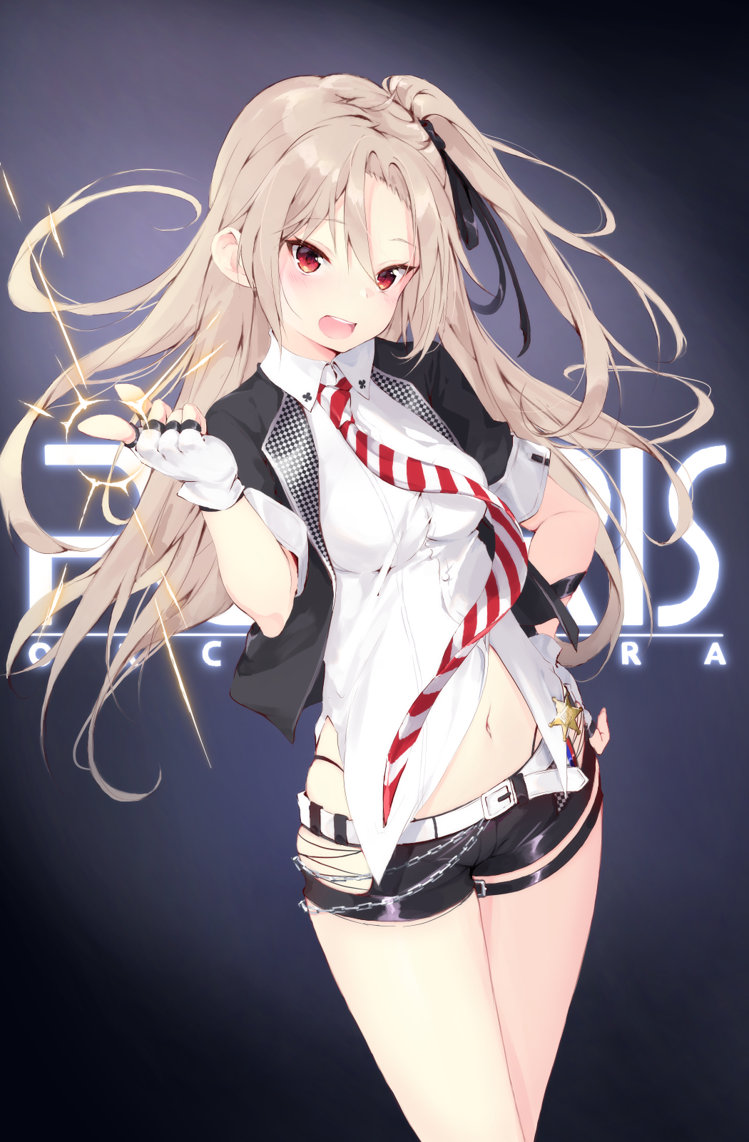 1girl :d azur_lane belt black_jacket black_shorts breasts brown_hair cleveland_(azur_lane) cleveland_(muse)_(azur_lane) collared_shirt commentary_request cowboy_shot dress_shirt fingerless_gloves floating_hair gloves hair_ribbon hand_up highleg highres hip_vent idol jacket latex long_hair looking_at_viewer medium_breasts midriff navel necktie one_side_up open_clothes open_jacket open_mouth red_eyes ribbon shirt short_shorts short_sleeves shorts skindentation smile solo standing stomach striped striped_neckwear t-bth thigh_strap thighs white_gloves white_shirt wing_collar