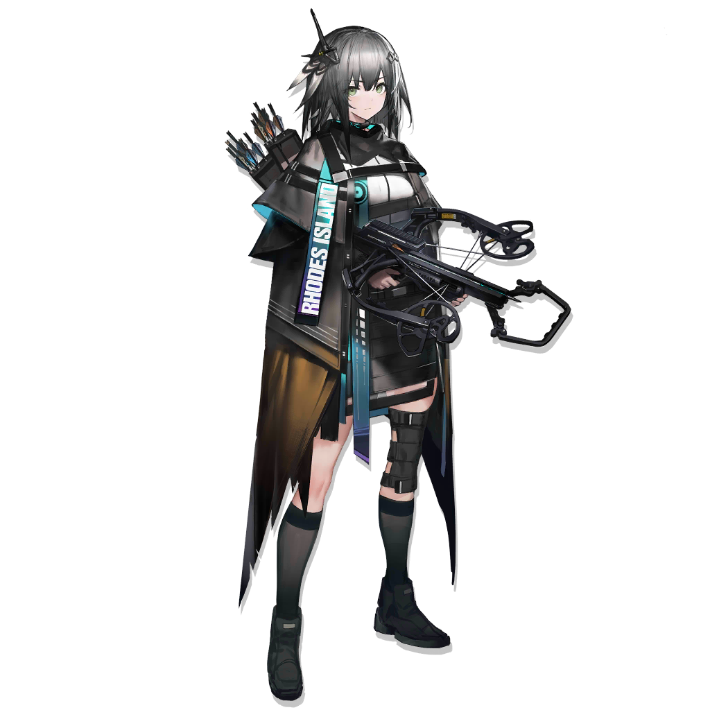1girl arknights bangs black_footwear black_legwear boots bow_(weapon) breasts choker cloak closed_mouth compound_bow crossbow feathers full_body gloves green_eyes grey_hair greythroat_(arknights) hair_feathers hair_ornament headset heibaise_jiangshi holding holding_bow_(weapon) holding_weapon large_breasts looking_at_viewer official_art shirt short_hair sidelocks single_knee_pad solo tachi-e transparent_background weapon white_shirt