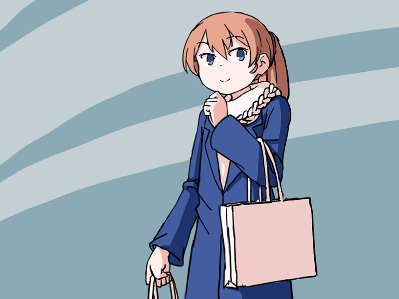 1girl adrian_ferrer alternate_costume bag blue_background blue_coat blue_eyes brown_hair commentary english_commentary intrepid_(kantai_collection) kantai_collection long_hair looking_at_viewer ponytail scarf shopping_bag solo two-tone_background white_scarf