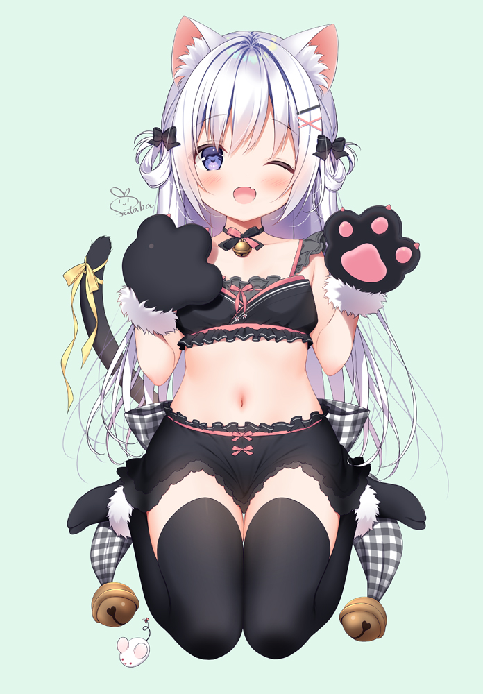 1girl ;d animal_ear_fluff animal_ears bare_shoulders bell black_legwear black_skirt cat_day cat_ears cat_girl cat_tail choker crop_top fang frills futaba_miwa gloves hair_ornament hair_rings hairclip hands_up jingle_bell long_hair looking_at_viewer midriff miniskirt navel no_shoes one_eye_closed open_mouth original paw_gloves paws ribbon silver_hair sitting skirt sleeveless smile solo tail tail_ribbon thigh-highs violet_eyes wariza zettai_ryouiki