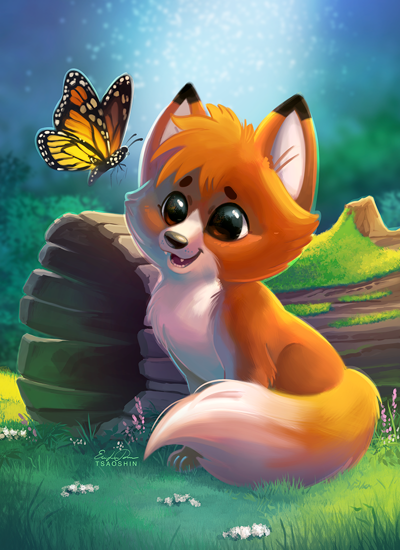 :d brown_eyes bug butterfly chibi commentary day disney english_commentary eric_proctor fangs flying fox grass happy insect open_mouth outdoors sitting smile the_fox_and_the_hound tod_(the_fox_and_the_hound)