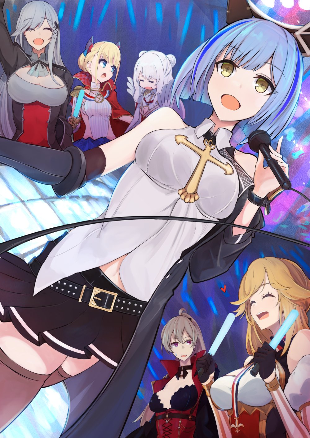 azur_lane bare_shoulders black_legwear blonde_hair blue_eyes blue_hair choker collared_shirt country_connection dunkerque_(azur_lane) earrings fleur_de_lis floating_headgear french_flag gascogne_(azur_lane) gascogne_(muse)_(azur_lane) gloves glowstick grey_hair hair_ornament half_gloves headgear highres holding holding_microphone idol jean_bart_(azur_lane) jewelry latin_cross le_malin_(azur_lane) le_triomphant_(azur_lane) light_brown_hair long_hair marshall2033 microphone ponytail richelieu_(azur_lane) shirt short_hair symbol-shaped_pupils thigh-highs violet_eyes yellow_eyes