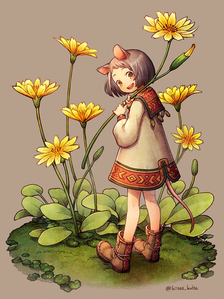 1girl animal_ears boots brown_footwear commentary_request flower from_behind full_body grey_background grey_hair holding holding_flower kiitos leaf long_sleeves looking_at_viewer looking_back minigirl mouse_ears mouse_girl mouse_tail open_mouth original short_hair smile solo tail yellow_flower