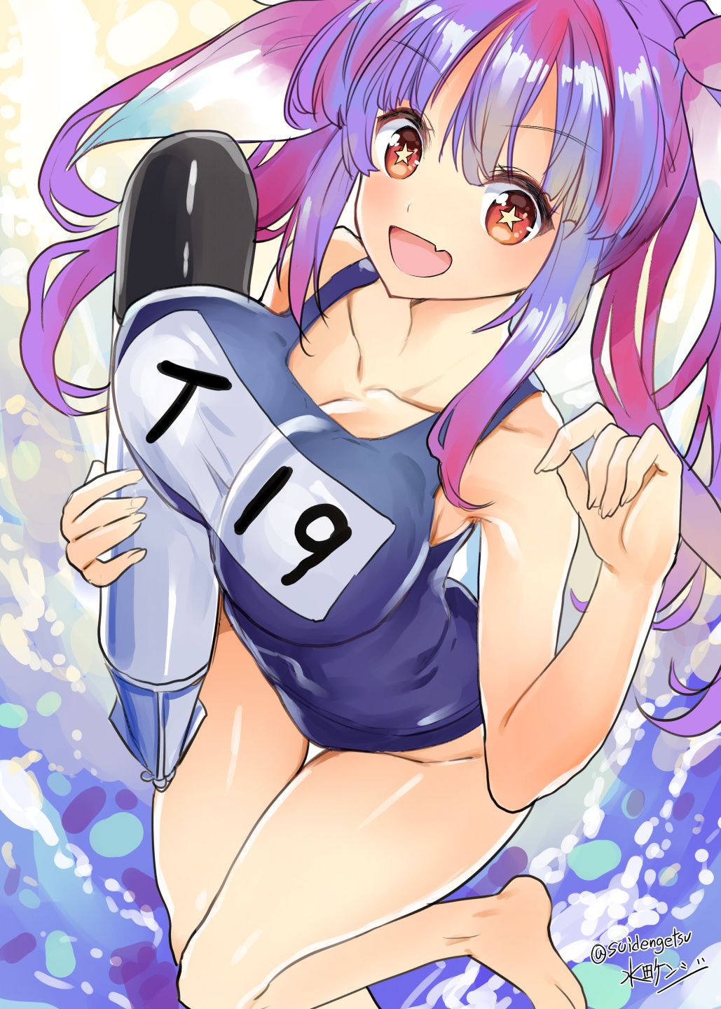1girl barefoot blue_hair blue_swimsuit breasts fang feet_out_of_frame hair_ribbon highres holding holding_torpedo i-19_(kantai_collection) kantai_collection large_breasts long_hair looking_at_viewer mizuta_kenji name_tag red_eyes ribbon school_swimsuit signature skin_fang solo star star-shaped_pupils swimsuit symbol-shaped_pupils torpedo translated tri_tails twintails twitter_username