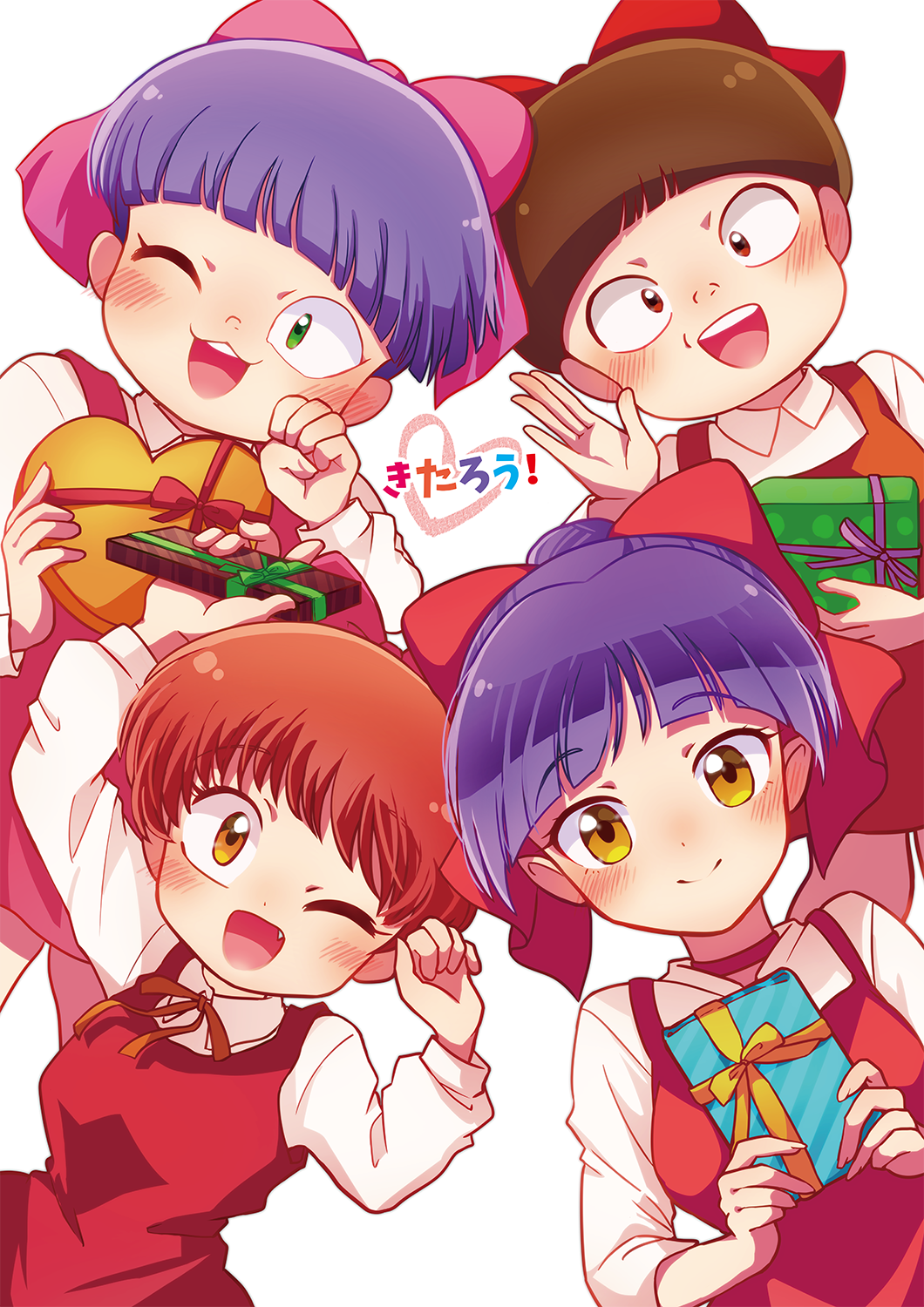 4girls ;d bangs blush bow brown_hair choker closed_mouth commentary_request eyebrows_visible_through_hair fang gegege_no_kitarou gift green_eyes hair_bow highres himeno_ktnk holding holding_gift long_sleeves looking_at_viewer multiple_girls nekomusume nekomusume_(gegege_no_kitarou_3) nekomusume_(gegege_no_kitarou_4) nekomusume_(gegege_no_kitarou_5) nekomusume_(gegege_no_kitarou_6) one_eye_closed open_mouth pink_bow purple_hair red_bow red_choker red_eyes redhead short_hair simple_background smile valentine white_background yellow_eyes