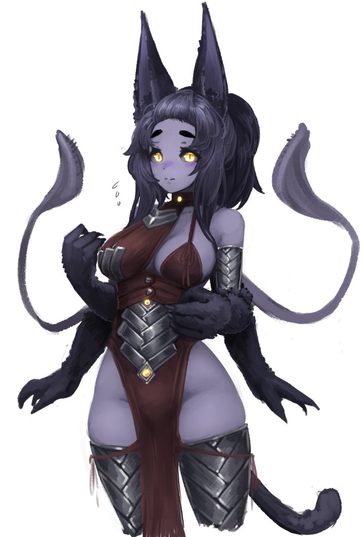 1girl animal_ears barbariank black_fur black_hair black_sclera blush breasts commentary cowboy_shot displacer_beast dungeons_and_dragons english_commentary extra_arms flying_sweatdrops forehead fur medium_breasts monster_girl no_panties paws pelvic_curtain personification ponytail purple_skin simple_background slit_pupils solo tail tentacles thick_eyebrows thigh-highs white_background yellow_eyes