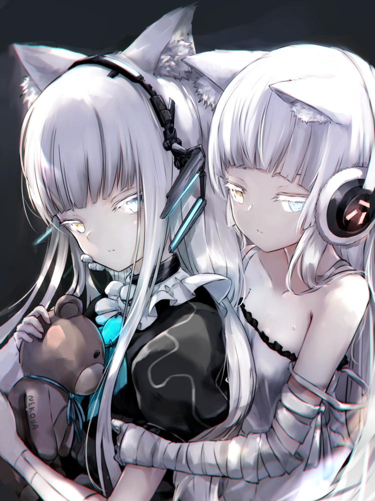 2girls animal_ear_fluff animal_ears awp_(girls_frontline)_(dyolf) bandaged_arm bandaged_hands bandages bangs black_dress blue_eyes breasts brown_eyes cat_ears collarbone colored_eyelashes commentary_request dress dyolf eyebrows_behind_hair girls_frontline glowing grey_background headgear headphones heterochromia holding holding_stuffed_animal long_hair multiple_girls original puffy_short_sleeves puffy_sleeves short_sleeves signature sleeveless sleeveless_dress small_breasts strap_slip stuffed_animal stuffed_toy sweat teddy_bear very_long_hair white_dress white_hair