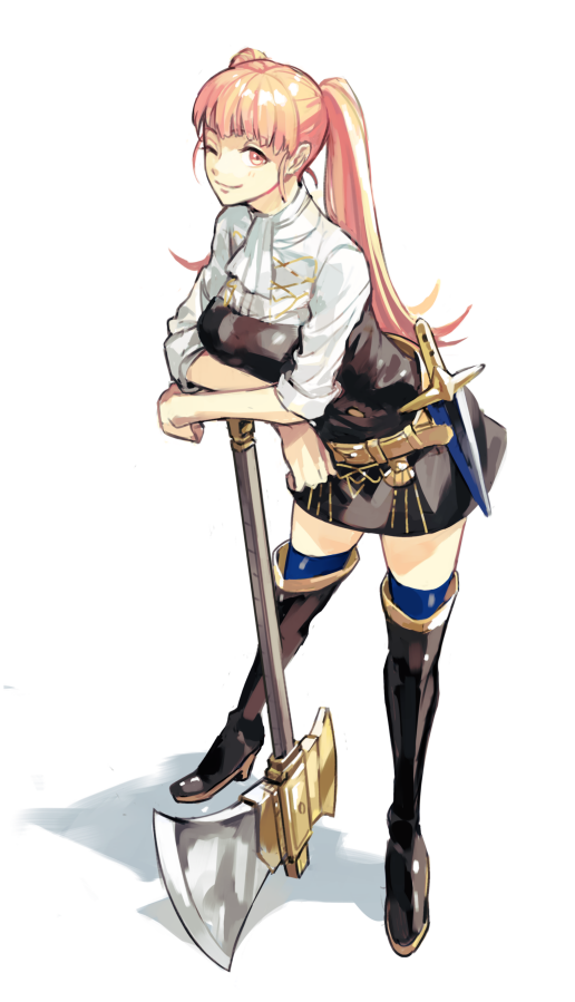 1girl axe belt blue_legwear boots closed_mouth fire_emblem fire_emblem:_three_houses garreg_mach_monastery_uniform high_heel_boots high_heels hilda_valentine_goneril holding holding_axe knee_boots long_hair one_eye_closed pink_eyes pink_hair simple_background smile solo thigh-highs twintails ugonba_(howatoro) uniform white_background