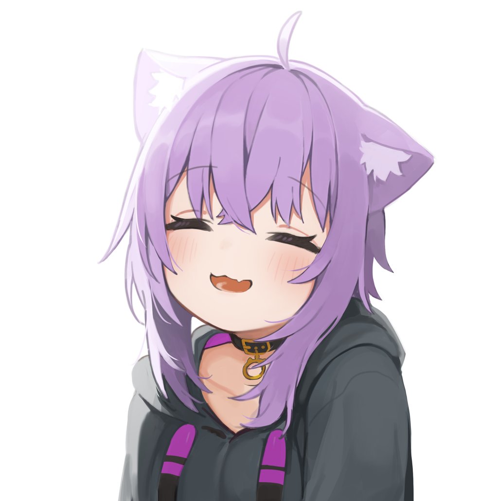 1girl :3 :d ^_^ ahoge animal_ear_fluff animal_ears bangs black_collar black_hoodie blush cat_ears closed_eyes collar collarbone drawstring eyebrows_visible_through_hair facing_viewer fang hair_between_eyes hololive hood hood_down hoodie nekomata_okayu open_mouth purple_hair seramikku simple_background smile solo upper_body virtual_youtuber white_background