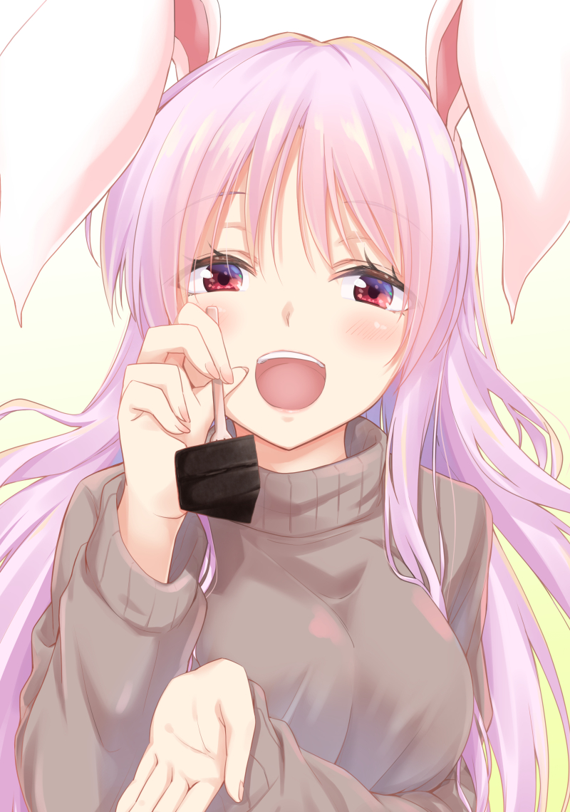 1girl alternate_costume animal_ears blush breasts chocolate commentary_request fork gradient gradient_background grey_sweater half-closed_eyes holding holding_fork kue large_breasts long_hair long_sleeves looking_at_viewer open_mouth partial_commentary pink_hair rabbit_ears red_eyes reisen_udongein_inaba smile solo sweater touhou turtleneck turtleneck_sweater upper_body yellow_background