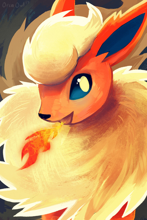 :d blue_eyes breathing_fire creature fire flareon gen_1_pokemon looking_at_viewer no_humans open_mouth orcaowl pokemon pokemon_(creature) signature smile solo