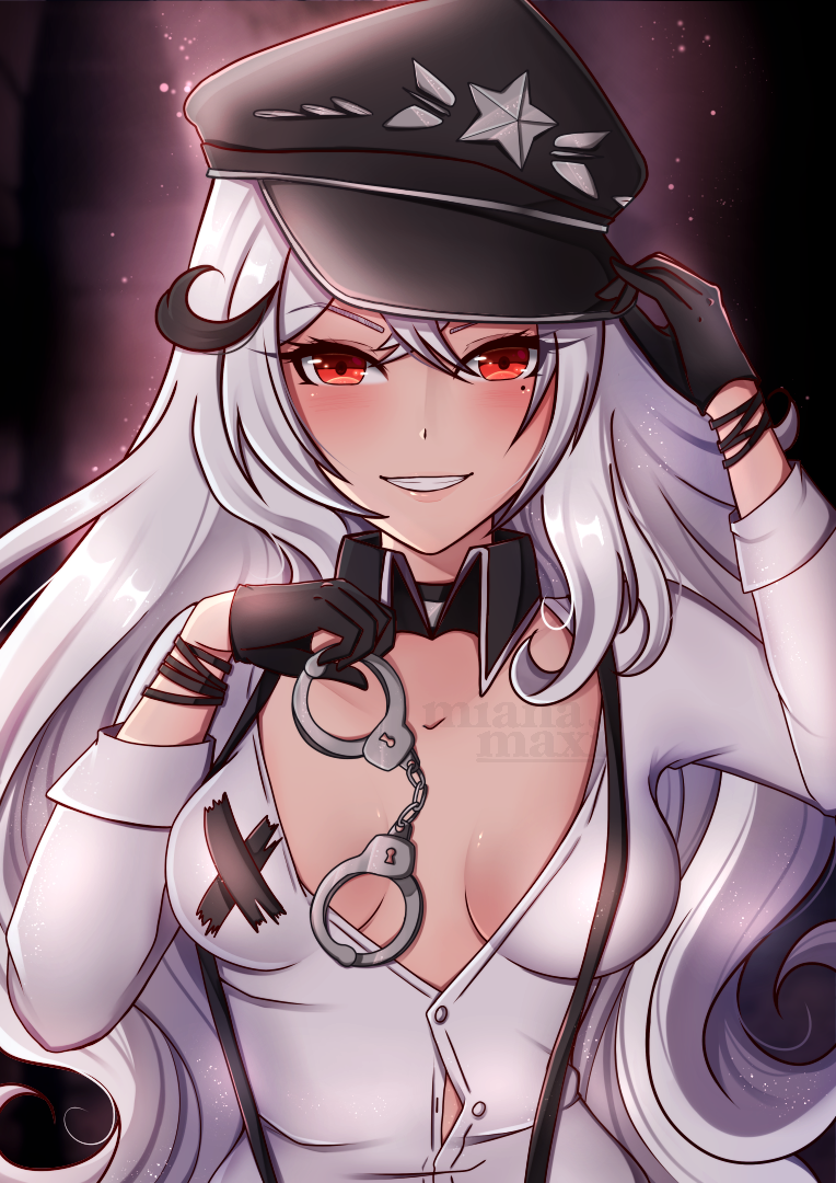 1girl artist_request azur_lane black_gloves blush breasts cuffs gangut_(azur_lane) gloves hat long_hair looking_at_viewer military_hat mole mole_under_eye red_eyes silver_hair simple_background smile solo uniform watermark white_hair