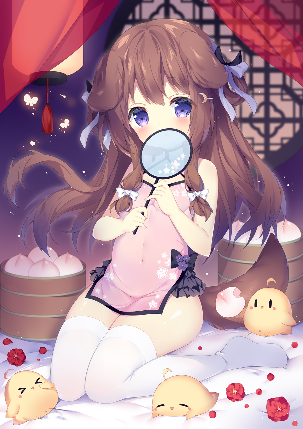 &gt;_&lt; 1girl =_= animal_ears azur_lane bamboo_steamer bangs baozi bird blue_eyes blurry blurry_background blush blush_stickers bow breasts brown_hair bug butterfly chestnut_mouth chick china_dress chinese_clothes commentary_request covered_navel covering_mouth crescent crescent_hair_ornament curtains dog_ears dog_girl dog_tail dress eyebrows_visible_through_hair fan floral_print flower food full_body fumizuki_(azur_lane) hair_bow hair_ornament hairclip highres holding holding_fan holding_food insect knees_together_feet_apart lantern long_hair looking_at_viewer manjuu_(azur_lane) no_shoes on_bed petals pink_dress purple_bow ribbon see-through short_dress side_slit sidelocks sitting sitting_on_bed sleeveless sleeveless_dress small_breasts solo_focus tail thigh-highs thighs tsukimi_(xiaohuasan) two_side_up wariza white_bow white_legwear window |_|