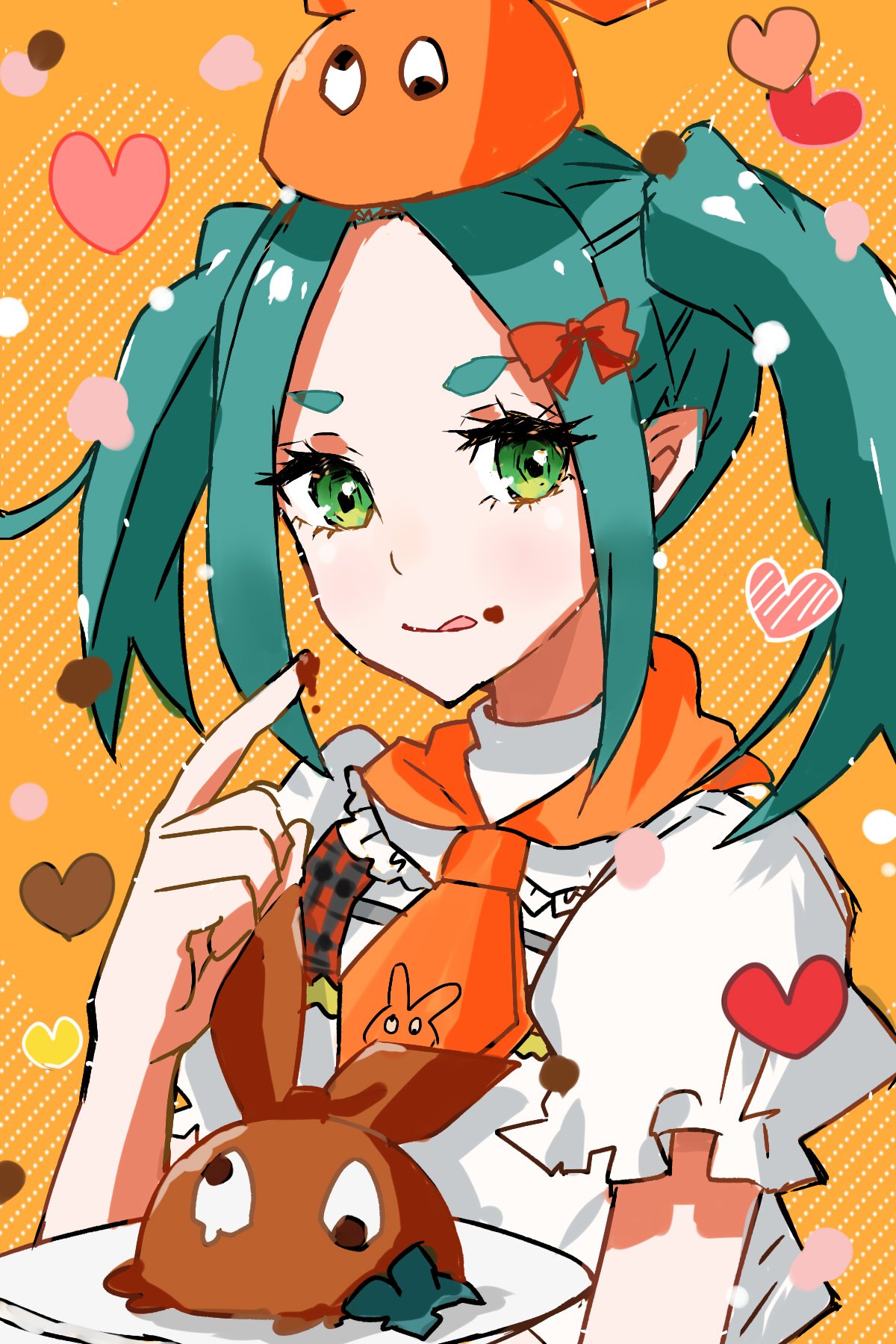 1girl :p apron aqua_hair bow chocolate commentary food food_on_face food_on_finger garnish googly_eyes green_eyes hair_bow hand_up hat heart highres light_smile looking_at_viewer monogatari_(series) monogatari_series_puc_puc neckerchief ononoki_yotsugi orange_background orange_neckwear plaid plate puffy_short_sleeves puffy_sleeves red_bow serving short_hair short_sleeves solo tongue tongue_out tray twintails valentine valhalla0707