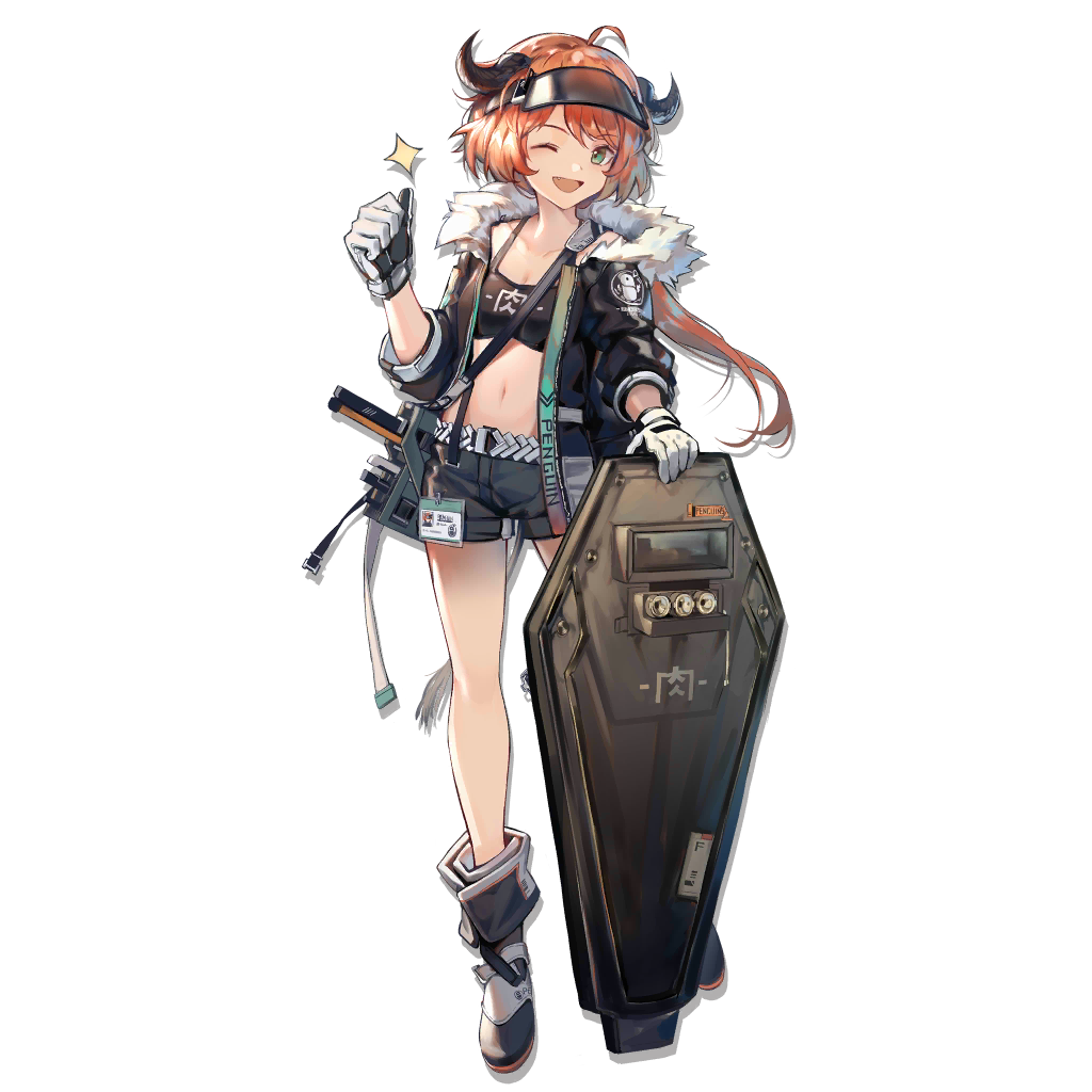 1girl ;d ahoge arknights bandeau bangs bare_legs belt black_jacket black_shorts boots breasts croissant_(arknights) full_body fur-trimmed_jacket fur_trim gloves green_eyes hand_up horns huanxiang_heitu id_card jacket long_hair long_sleeves looking_at_viewer midriff navel official_art one_eye_closed open_clothes open_jacket open_mouth orange_hair planted shield short_shorts shorts small_breasts smile solo spaghetti_strap sparkle standing stomach swept_bangs thighs transparent_background visor_cap white_gloves