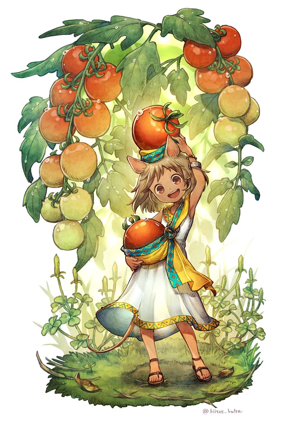 1girl bangle bracelet cherry_tomato commentary_request dress food food_on_head fruit fruit_on_head full_body highres jewelry kiitos leaf looking_at_viewer minigirl mouse_girl object_on_head open_mouth original plant sandals sleeveless sleeveless_dress smile solo standing tomato twitter_username water white_background white_dress