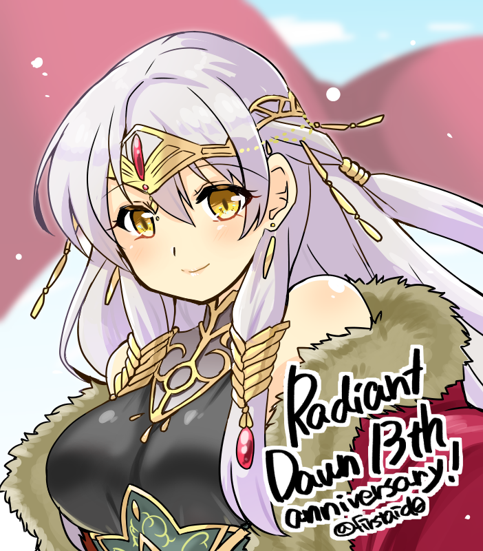 1girl anniversary bangle bare_shoulders black_dress blue_sky blurry blurry_background bracelet breasts circlet coat copyright_name crown depth_of_field dress english_text fire_emblem fire_emblem:_radiant_dawn fire_emblem_cipher gem hair_tubes half_updo jewelry long_hair medium_breasts micaiah_(fire_emblem) outdoors silver_hair sky sleeveless sleeveless_dress smile solo twitter_username upper_body yellow_eyes yukia_(firstaid0)