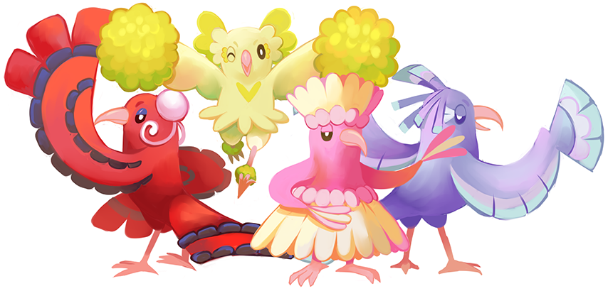 bird bird_focus commentary conmimi creature english_commentary full_body gen_7_pokemon looking_at_viewer no_humans one_eye_closed oricorio oricorio_(baile) oricorio_(pa'u) oricorio_(pom-pom) oricorio_(sensu) pokemon pokemon_(creature) simple_background standing white_background