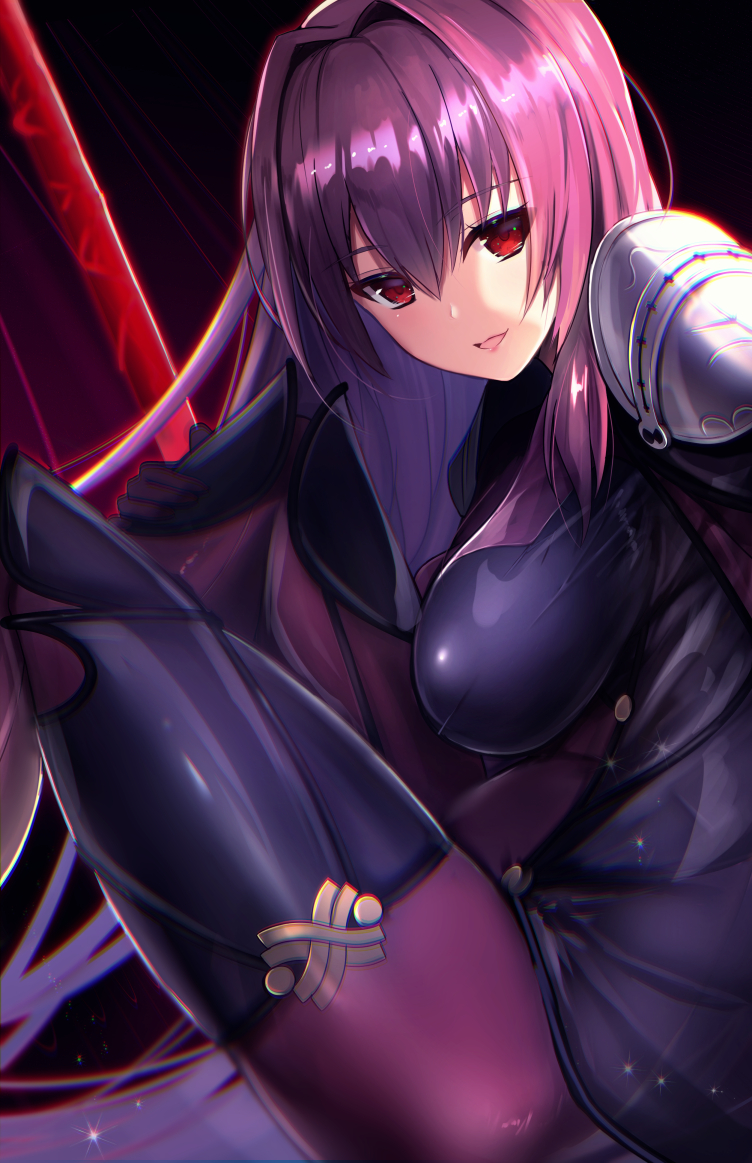 1girl :d bodysuit breasts commentary covered_navel dark_background fate/grand_order fate_(series) gae_bolg hair_intakes holding_leg large_breasts leg_up leotard long_hair looking_at_viewer open_mouth pauldrons polearm purple_bodysuit purple_hair purple_leotard red_eyes revision scathach_(fate)_(all) scathach_(fate/grand_order) shoulder_armor sitting smile solo spear untsue weapon