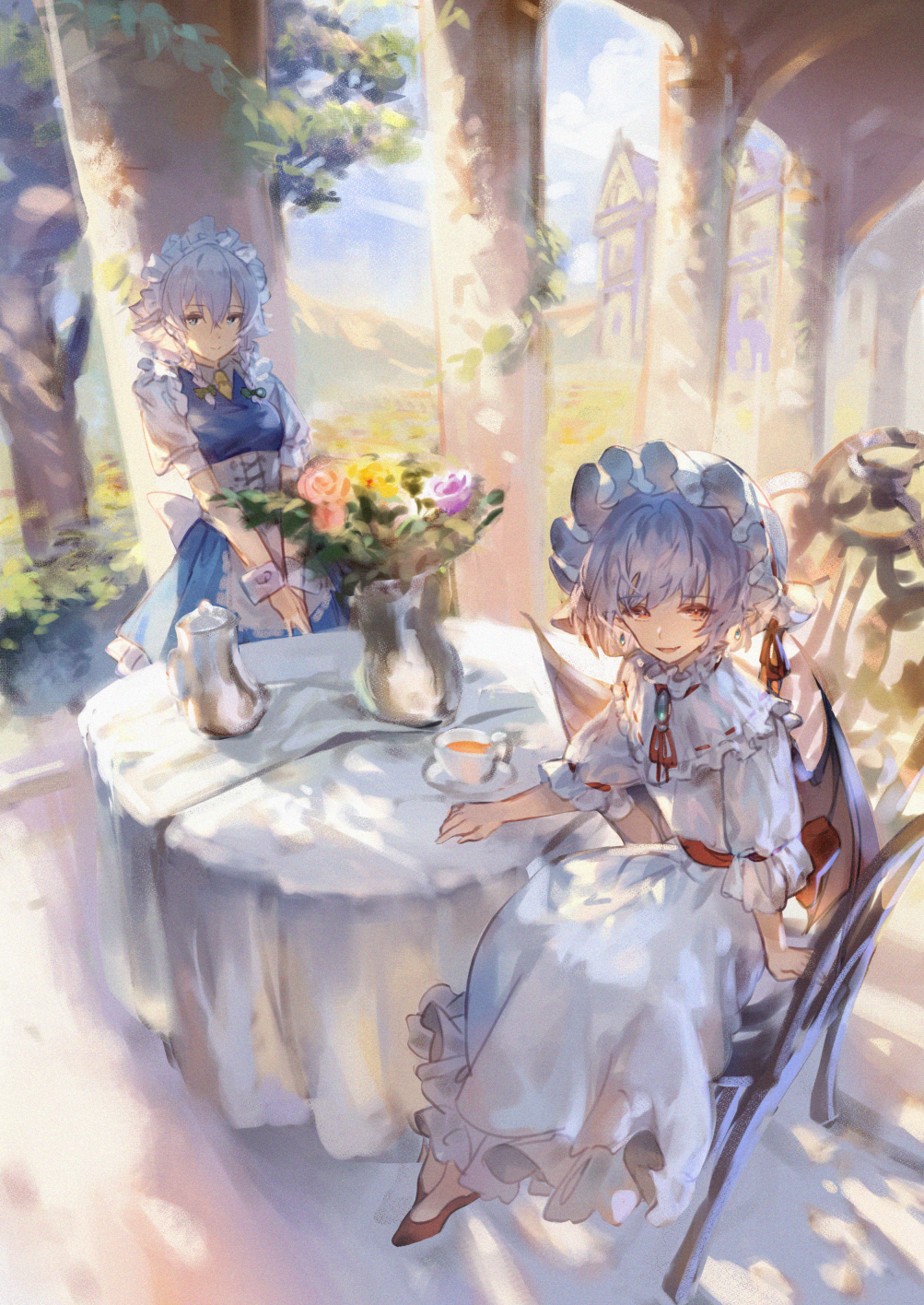 2girls :d apron bangs blue_dress blue_eyes blue_hair blue_sky breasts brooch chair column commentary_request corset day dress eyebrows_visible_through_hair flower hair_between_eyes hat highres izayoi_sakuya jewelry looking_at_viewer maid maid_apron maid_headdress medium_breasts mob_cap multiple_girls neck_ribbon open_mouth petticoat pillar pink_flower pink_rose puffy_short_sleeves puffy_sleeves purple_flower purple_rose red_eyes red_footwear red_neckwear red_ribbon red_sash remilia_scarlet ribbon rose sash shirt shoes short_hair short_sleeves silver_hair sitting sky smile standing table touhou uu_uu_zan v_arms vase waist_apron white_apron white_dress white_headwear white_shirt wrist_cuffs yellow_flower