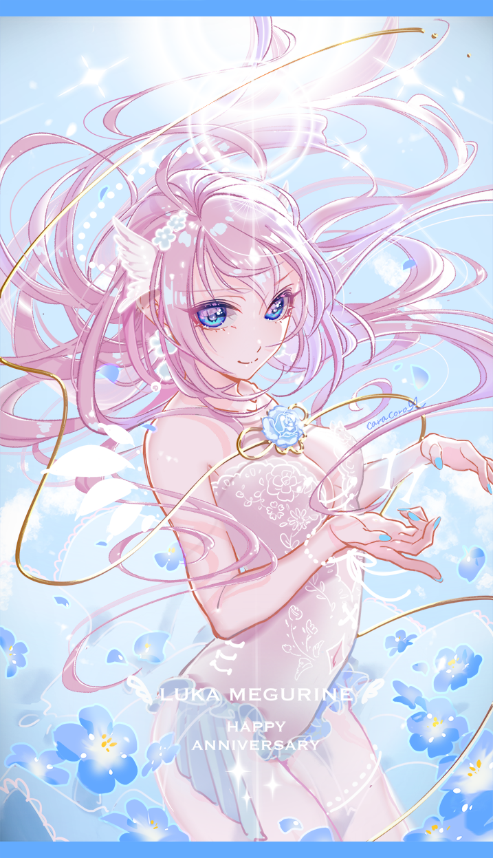 1girl amulet anniversary aqua_nails bare_shoulders blue_eyes blue_flower blue_sky bracelet breasts character_name clouds commentary cowboy_shot dress floating_hair floral_print flower flower_ornament highres jewelry karakoro long_hair looking_at_viewer medium_breasts megurine_luka nail_polish outdoors pink_hair sky smile solo strapless strapless_dress sun vocaloid