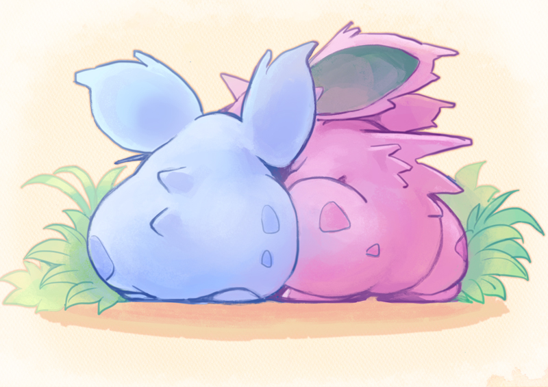 commentary_request creature from_behind full_body gen_1_pokemon grass horn nidoran nidoran_(female) nidoran_(male) no_humans pokemon pokemon_(creature) sakata_kaname spikes