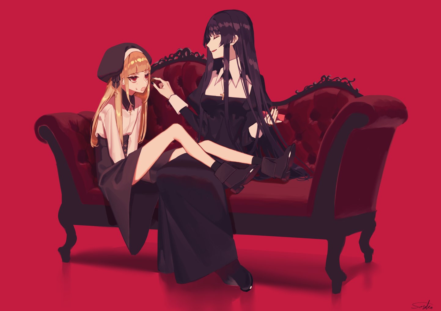 2girls bangs black_dress black_footwear black_hair blonde_hair chocolate closed_eyes collared_dress couch cross cross_necklace dress feeding hat jewelry multiple_girls necklace open_mouth original red_eyes satellite12 simple_background sitting