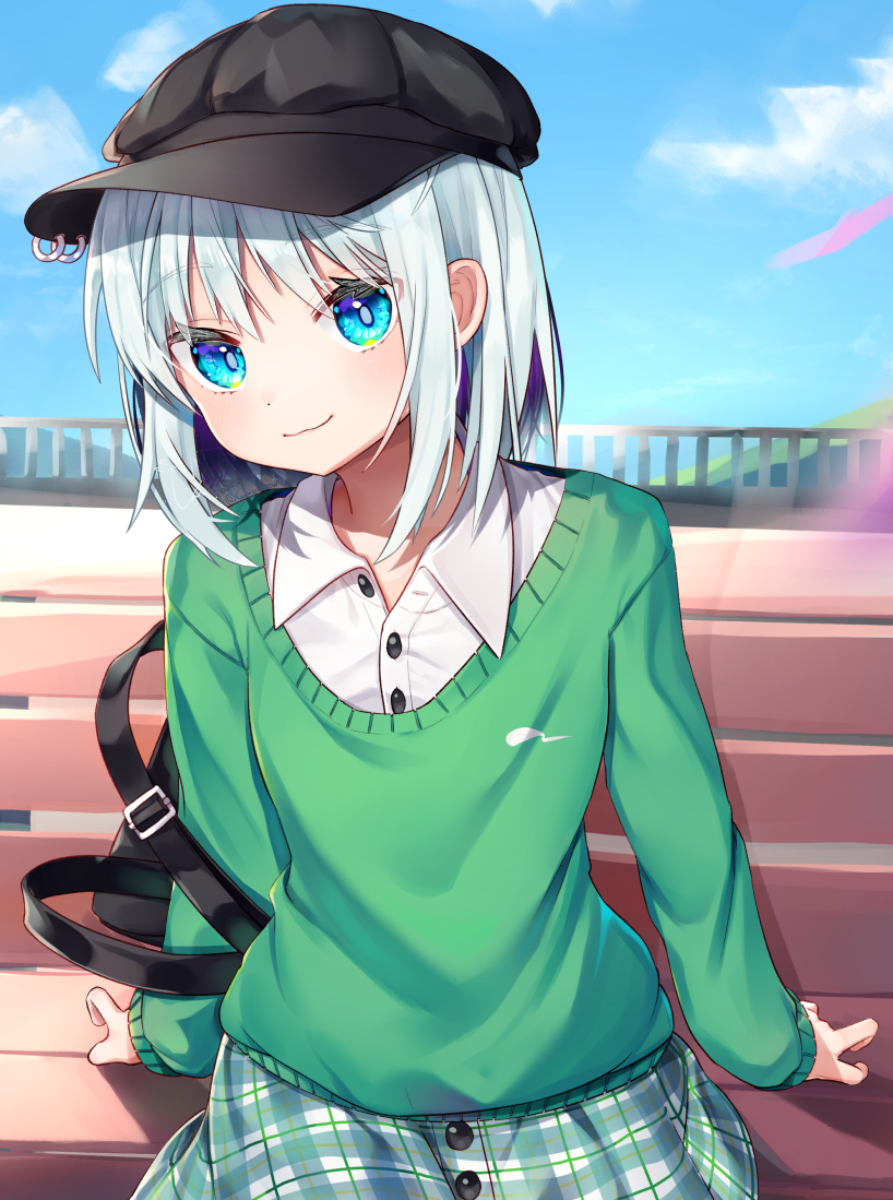 1girl alternate_costume bag bangs bench black_headwear blue_eyes blue_sky cabbie_hat clouds commentary_request contemporary day eyebrows_visible_through_hair flat_cap green_sweater gunjou_row handbag hat head_tilt konpaku_youmu long_sleeves looking_at_viewer on_bench outdoors plaid plaid_skirt shirt short_hair silver_hair sitting skirt sky smile solo sweater touhou white_shirt