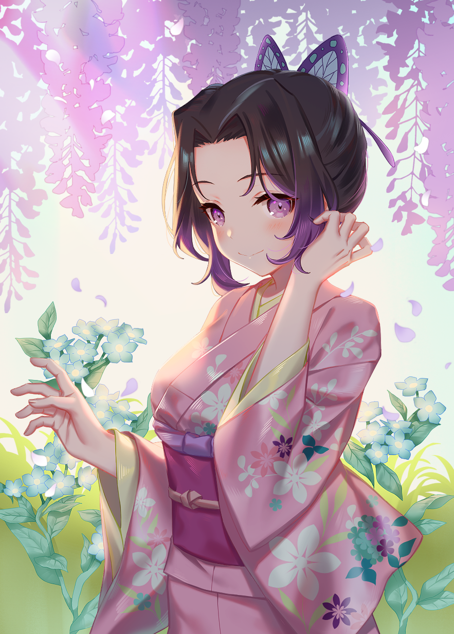 1girl bangs black_hair blush breasts butterfly_hair_ornament closed_mouth floral_background floral_print flower flower_request gradient_hair hair_ornament hair_tucking highres japanese_clothes kimetsu_no_yaiba kimono kochou_shinobu littleamber long_sleeves looking_at_viewer multicolored_hair obi outstretched_hand parted_bangs petals pink_kimono purple_hair sash smile solo sunlight upper_body violet_eyes wisteria