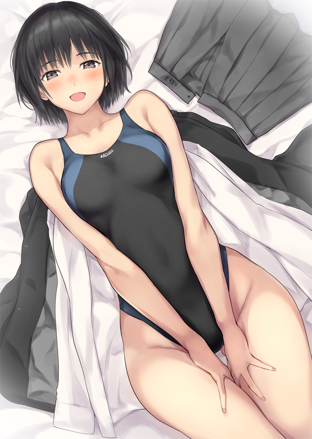 1girl :d amagami bed black_eyes black_hair black_swimsuit clothes_removed competition_swimsuit hands_on_thighs kibito_high_school_uniform looking_at_viewer lying nanasaki_ai nozomi-y on_back one-piece_swimsuit open_mouth school_uniform short_hair smile swimsuit