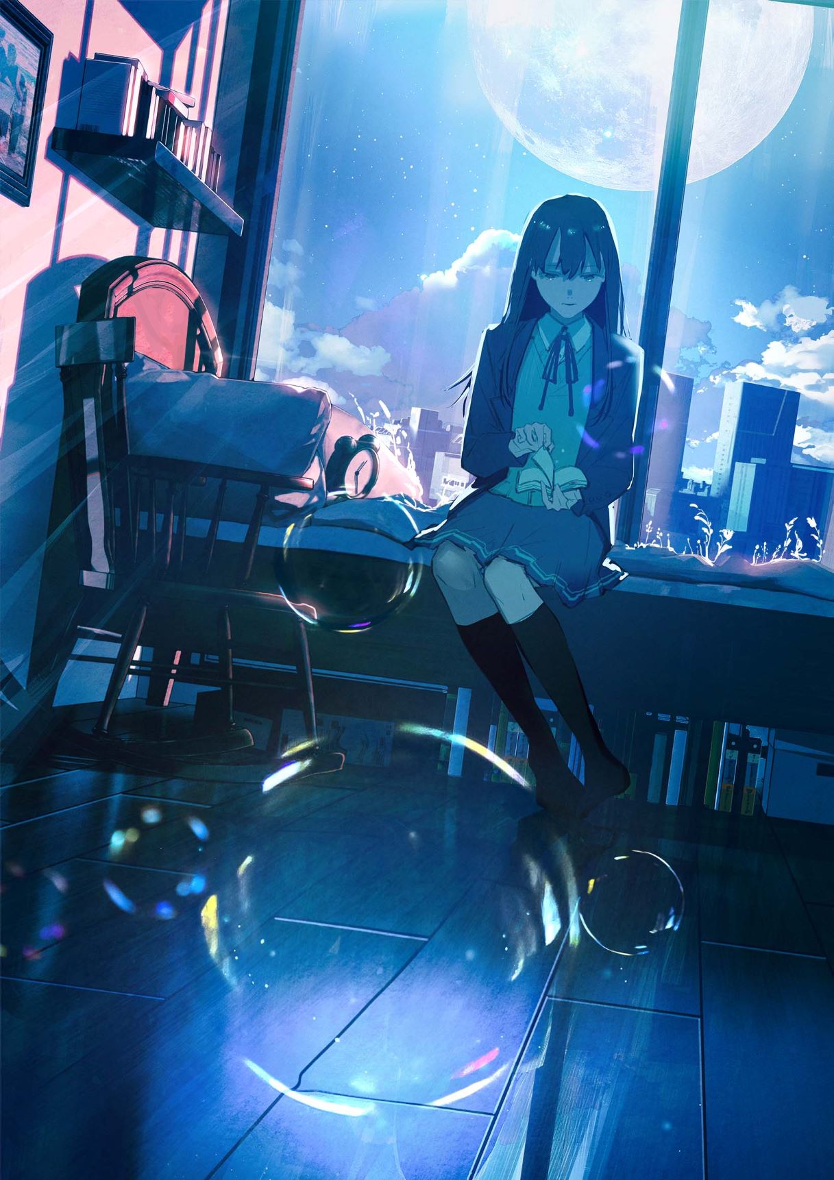 1girl bangs bed black_socks book bubble building chair clock clouds collared_shirt highres holding holding_book indoors jacket long_hair moon open_book open_clothes open_jacket original picture_(object) pillow school_uniform shelf shiomi_(lowrise) shirt sitting socks solo window wooden_floor