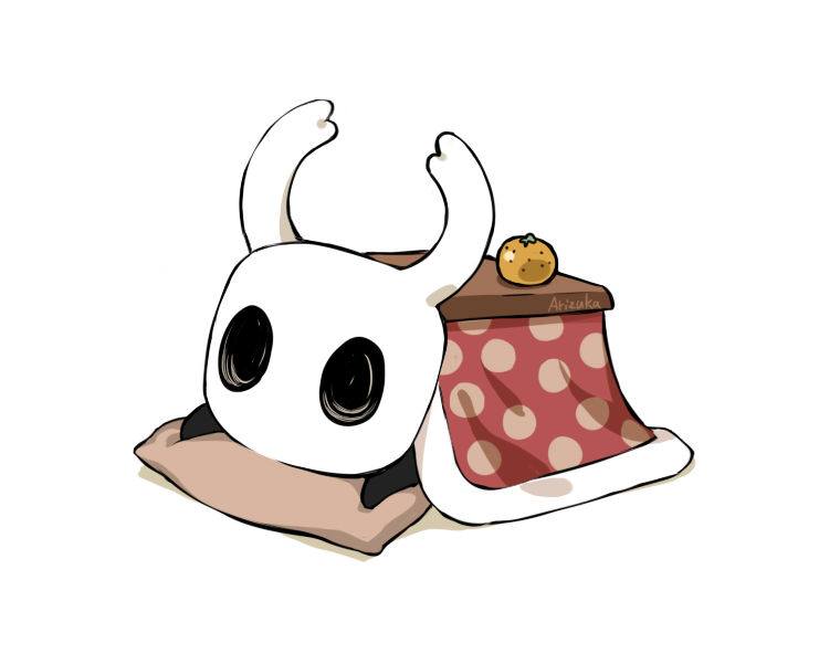 1other arizuka_(catacombe) commentary_request food fruit hollow_eyes hollow_knight horns knight_(hollow_knight) kotatsu lying mandarin_orange mask no_humans pillow simple_background solo table under_kotatsu under_table white_background