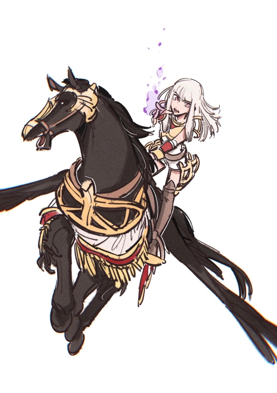 1girl fire_emblem fire_emblem:_three_houses highres long_hair lysithea_von_ordelia open_mouth pegasus pink_eyes ribelle0804 riding simple_background solo white_background white_hair