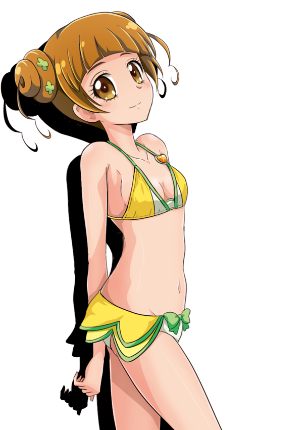 adapted_costume bikini bikini_top bow bow_panties bra breasts brown_eyes brown_hair cosplay cure_rosetta cure_rosetta_(cosplay) dokidoki!_precure double_bun mismatched_bikini niita panties pantyhose precure smile striped striped_bikini striped_bikini_top swimsuit underwear yellow_bikini yellow_bikini_top yellow_bra yotsuba_alice