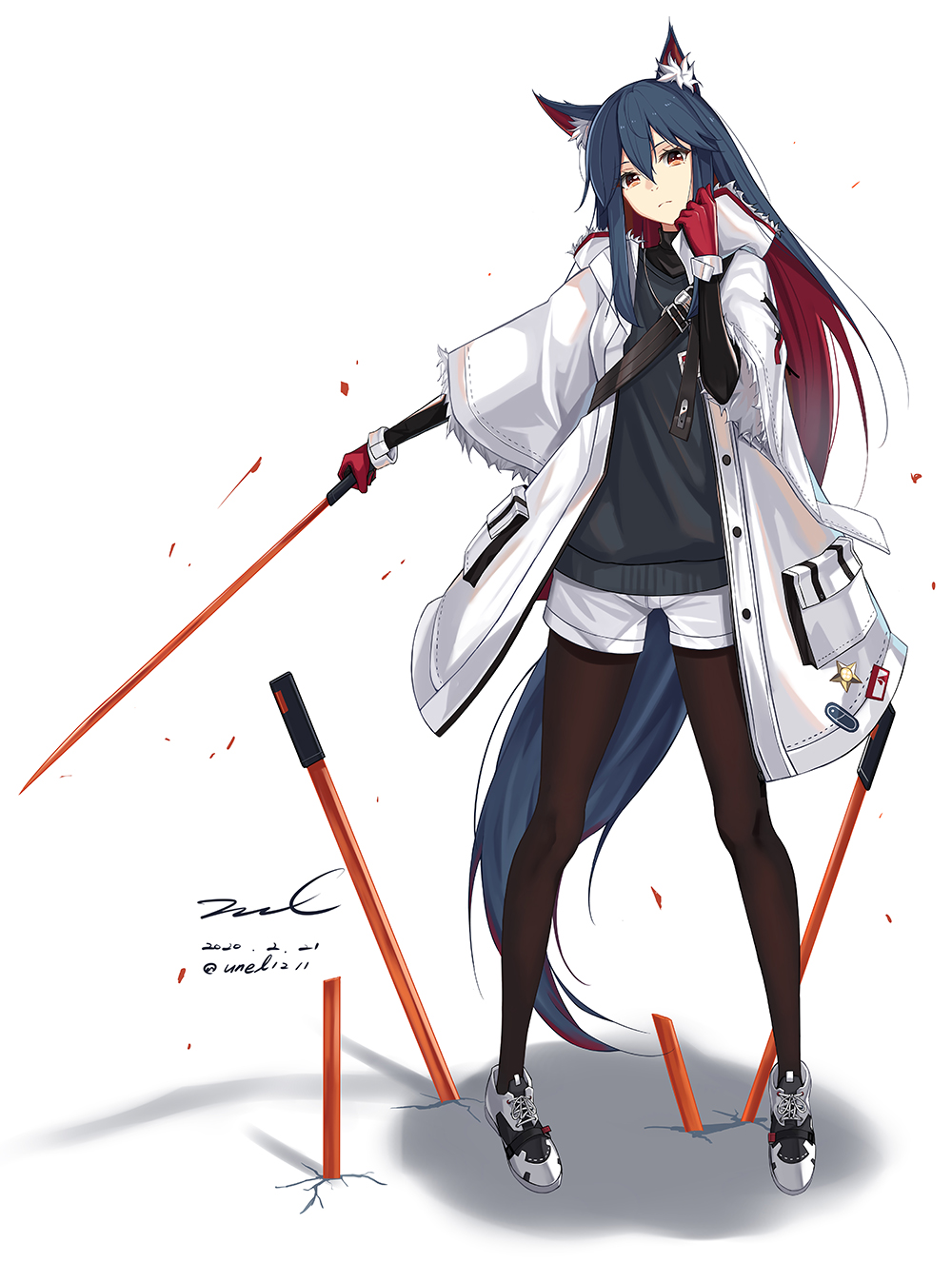 1girl animal_ear_fluff animal_ears arknights bangs black_hair black_legwear brown_eyes full_body gloves hair_between_eyes highres holding holding_sword holding_weapon jacket long_hair long_sleeves looking_at_viewer multiple_swords pantyhose redhead shorts solo standing sword tail texas_(arknights) unel weapon white_jacket wolf_ears