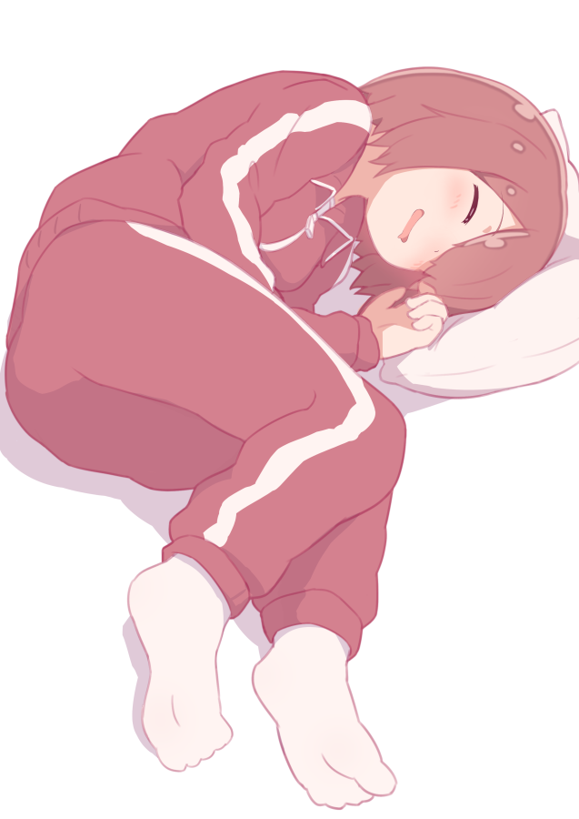 1girl blush closed_eyes hair_over_one_eye hatafuta hoshino_miyako_(wataten) jacket lying mouth_drool on_side open_mouth pants pillow red_jacket red_pants sleeping socks solo track_jacket track_pants watashi_ni_tenshi_ga_maiorita! white_background white_legwear