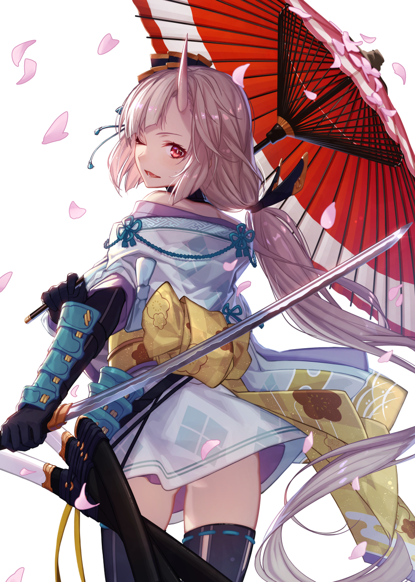 1girl ;d arm_guards bare_shoulders black_gloves black_legwear blue_kimono blue_ribbon commentary_request elbow_gloves fang faulds flower_knot gloves highres holding holding_sword holding_umbrella holding_weapon horn japanese_clothes kimono long_hair looking_at_viewer looking_back low_ponytail m-ya obi off_shoulder one_eye_closed oni_horn open_mouth oriental_umbrella original petals red_eyes reverse_grip ribbon ribbon-trimmed_legwear ribbon_trim sash sheath sheathed silver_hair simple_background smile solo sword tassel thigh-highs umbrella vambraces very_long_hair weapon white_background
