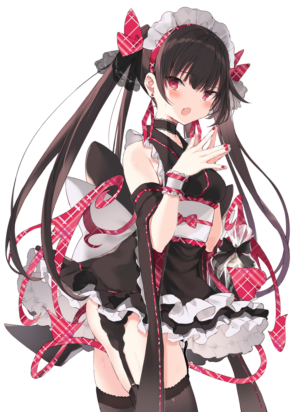 1girl :o bare_shoulders black_dress black_hair black_legwear bow breasts choker cowboy_shot detached_sleeves dress earrings frilled_dress frills garter_belt hair_bow highres jewelry long_hair looking_at_viewer maid_headdress medium_breasts nail_polish nanananana obi open_mouth original red_eyes sash simple_background solo steepled_fingers tail thigh-highs twintails very_long_hair white_background wide_sleeves wings zettai_ryouiki